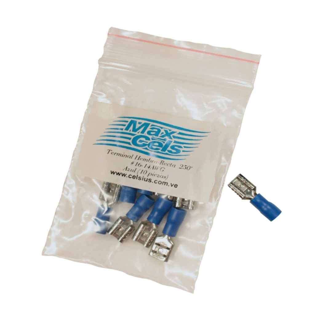 TERMINAL HEMBRA RECTA 250" (AZUL) 038 16-14AWG (BOLSITA 10 PZAS)