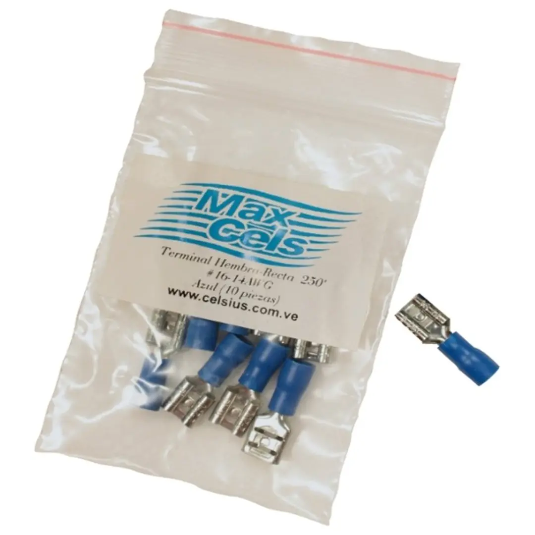 TERMINAL HEMBRA RECTA 250" (AZUL) 038 16-14AWG (BOLSITA 10 PZAS)